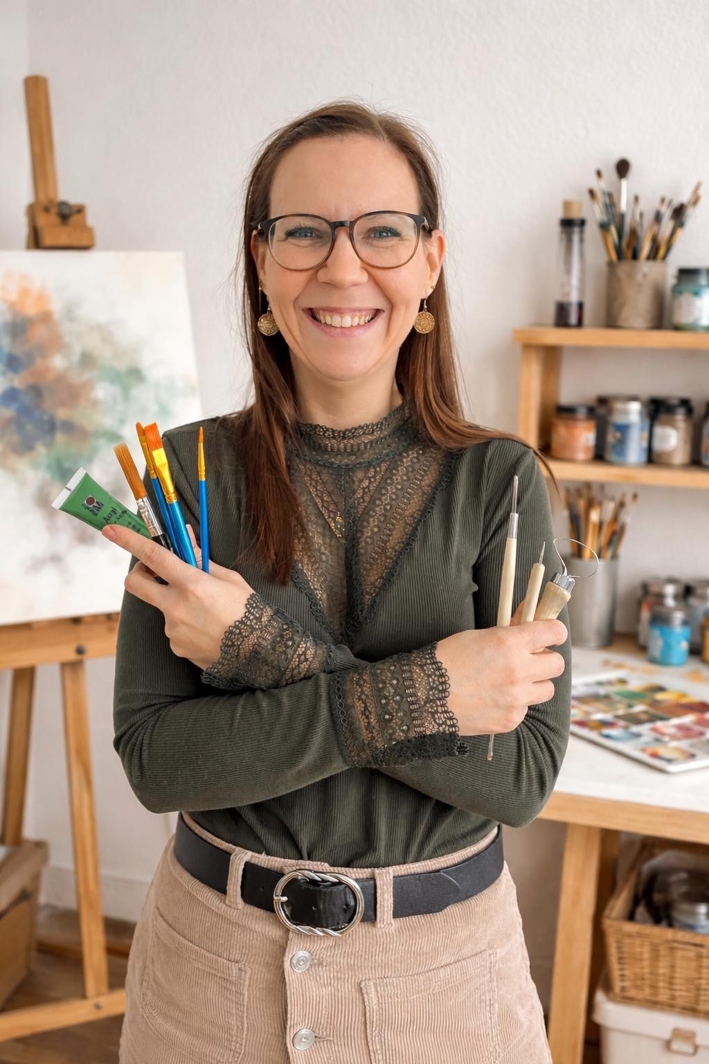 Marina Oberreiter mit Pinseln in ihrem Atelier